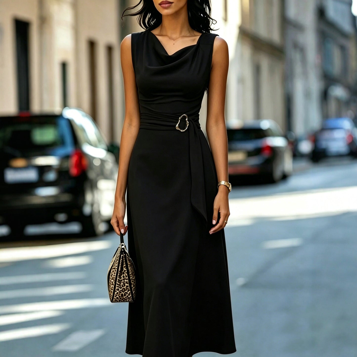 Cowl Neck Sleeveless Belted Midi Dress