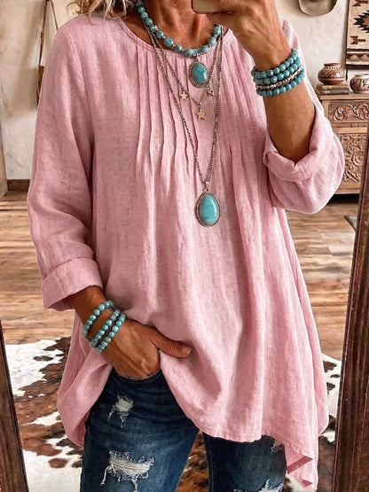 Women's Solid Linen Round Neck Pleated 3/4 Sleeve Loose Tunic Blouse