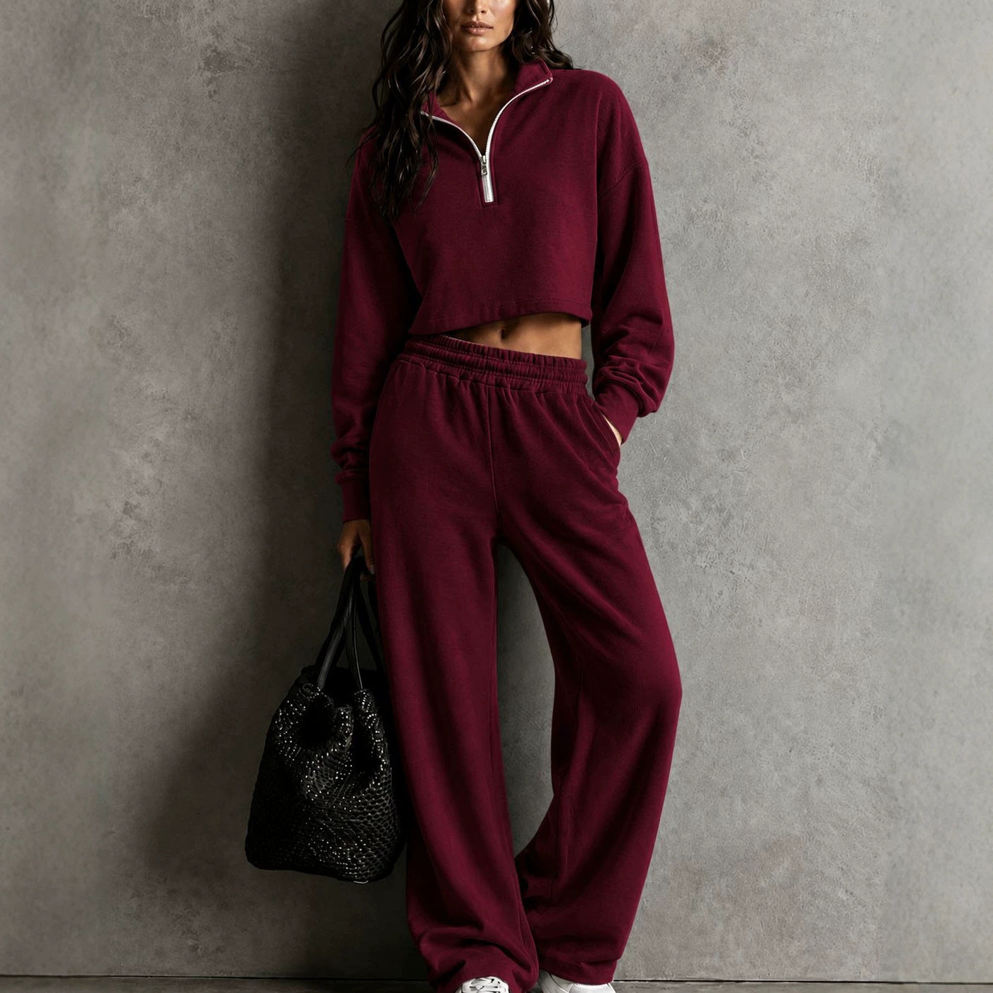 Half‑Zip Cropped Sweatshirt & Wide‑Leg Sweatpants Two‑Piece Set