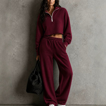 Half‑Zip Cropped Sweatshirt & Wide‑Leg Sweatpants Two‑Piece Set