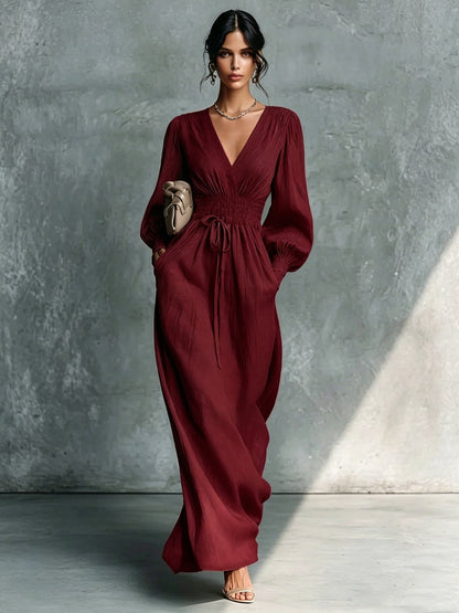 Textured V-Neck Smocked Waist Maxi Dress - Claret / S