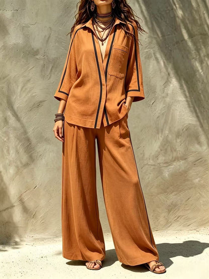 Contrast Trim Shirt & Wide‑Leg Pants Two‑Piece Set