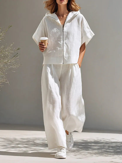 Hooded Zip Top & Wide-Leg Pants Set