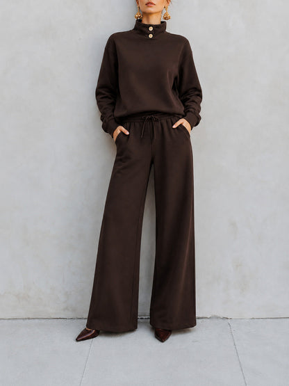 Mock‑Neck Button‑Detail Sweatshirt & Wide‑Leg Drawstring Pants Two‑Piece Set - dark brown / S