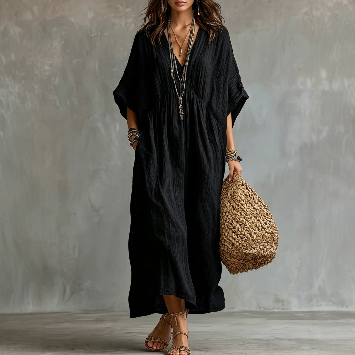 Crinkled V Neck Dolman Sleeve Gathered Waist Kaftan Maxi Dress