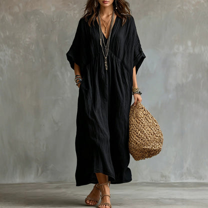 Crinkled V Neck Dolman Sleeve Gathered Waist Kaftan Maxi Dress