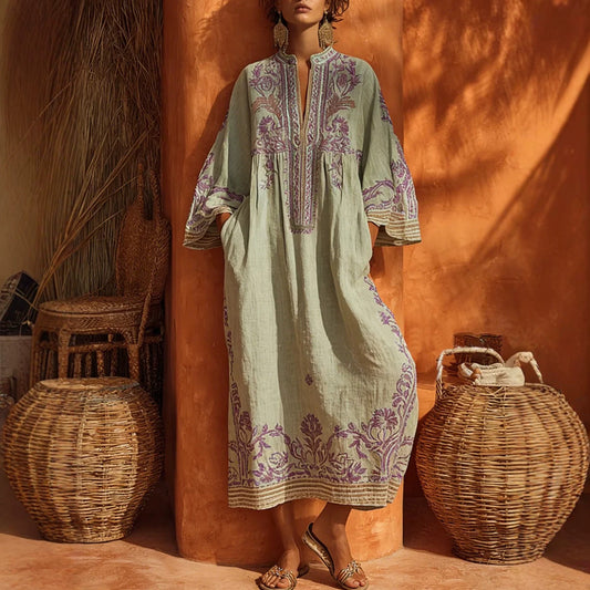 Embroidered Linen-Blend Kaftan Maxi Dress
