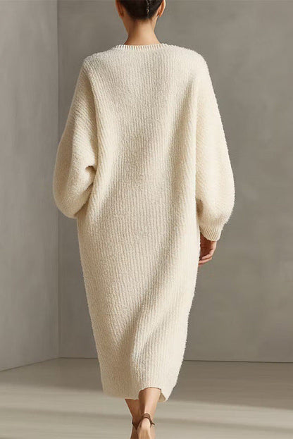 Women's Cream Textured Knit Oversized Long Sleeve Slit Maxi Sweater Dress