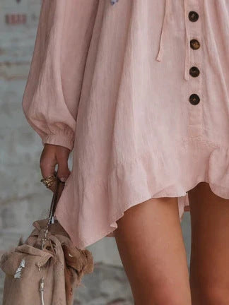 V‑Neck Lace Trim Boho Mini Dress Bell Long Sleeve Tie Front Loose Ruffle Hem Tunic Dress