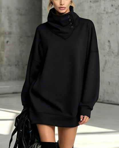 Women's Solid Pink Button-Detail Cowl Neck Long Sweatshirt Tunic Dress