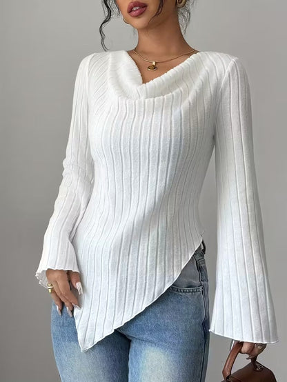Women's White Ribbed V Neck Flare Long Sleeve Asymmetric Hem Slim Knit Top