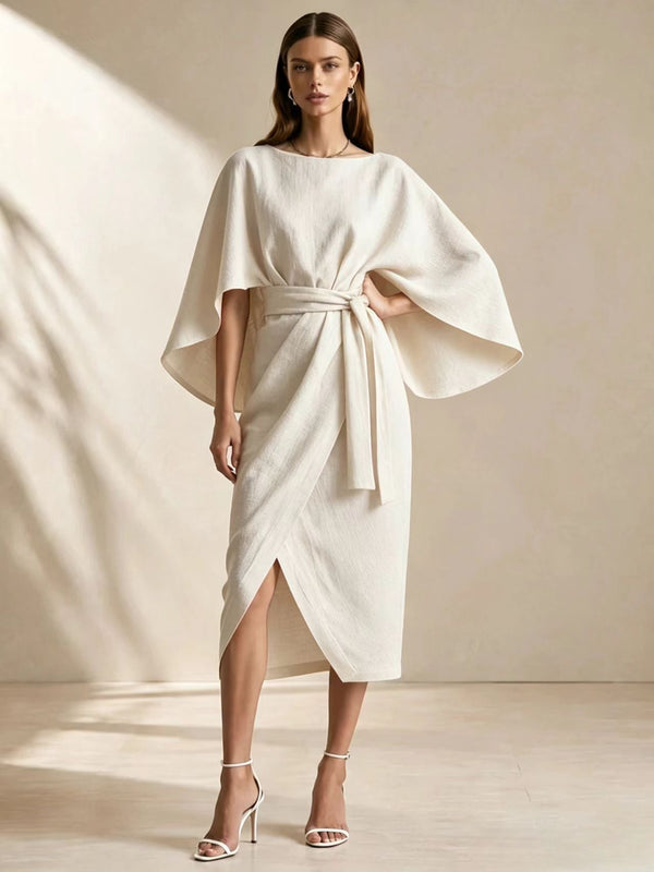 Cape Sleeve Belted Wrap Midi Dress
