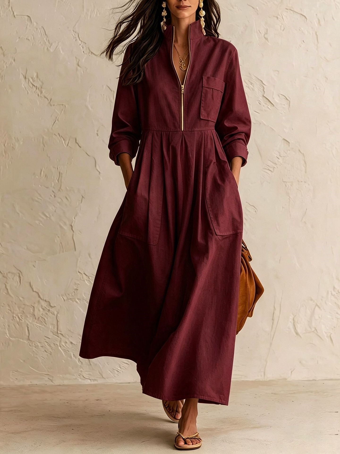 Half‑Zip Stand Collar Pocket Midi Maxi Dress