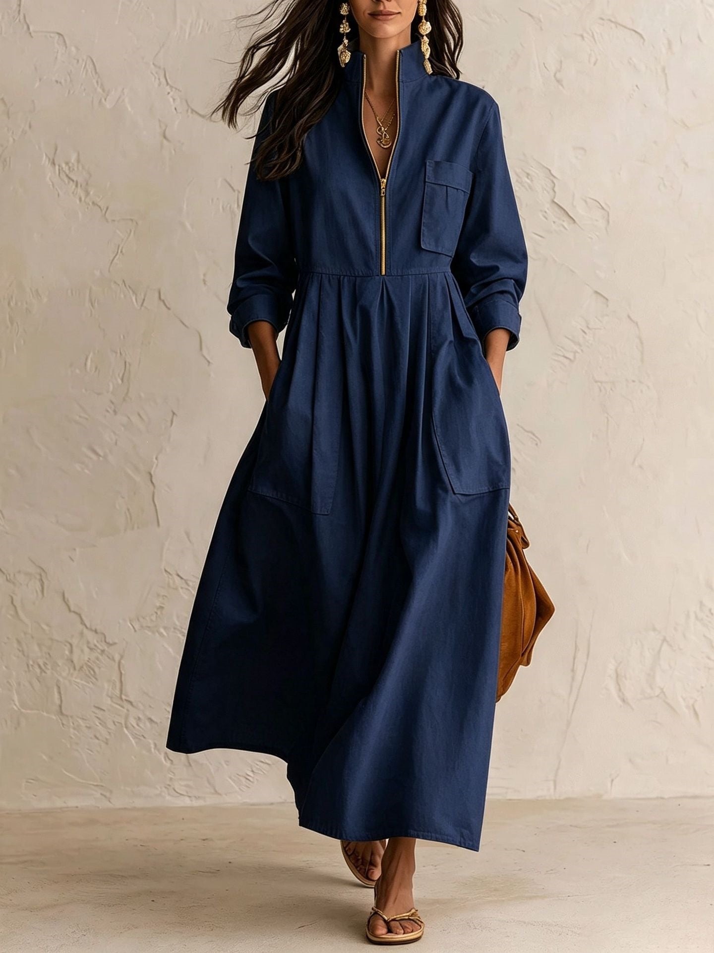 Half‑Zip Stand Collar Pocket Midi Maxi Dress