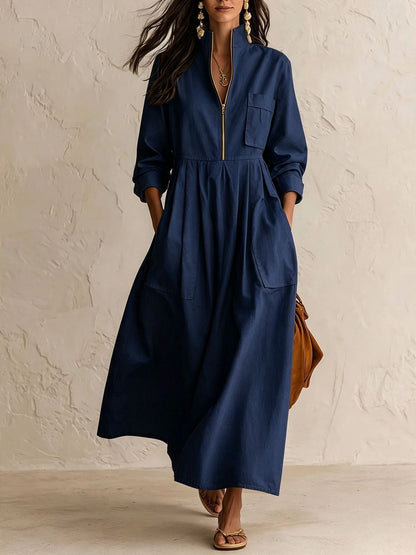 Half‑Zip Stand Collar Pocket Midi Maxi Dress