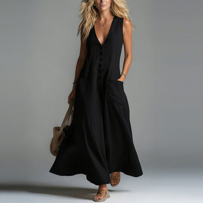 Pocket Deep V-Neck Solid Color Casual Dress