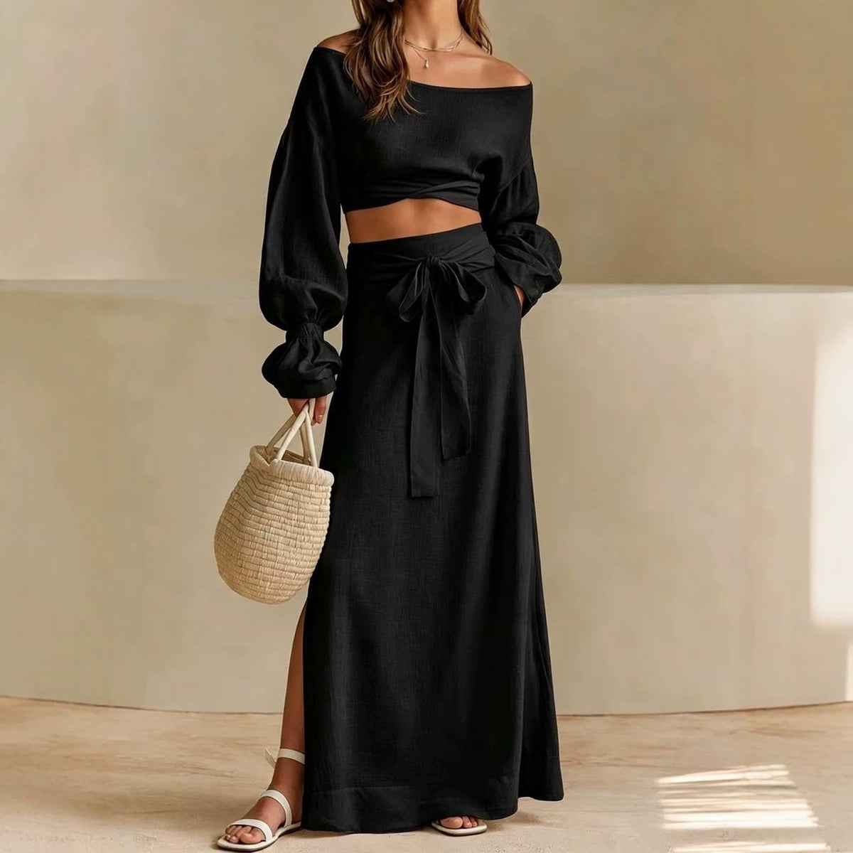Linen‑Blend Off‑Shoulder Crop Top & Tie‑Waist Slit Maxi Skirt Two‑Piece Set
