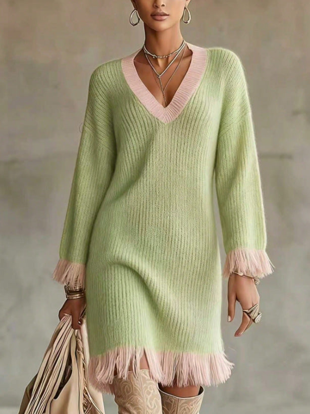 Women Color‑Block Knit Sweater Dress, V‑Neck Long Sleeve Fringe Trim Cuff & Hem Loose Fall Winter Mini Dress