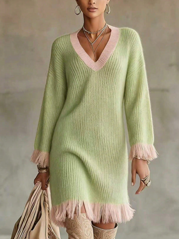 Women Color‑Block Knit Sweater Dress, V‑Neck Long Sleeve Fringe Trim Cuff & Hem Loose Fall Winter Mini Dress