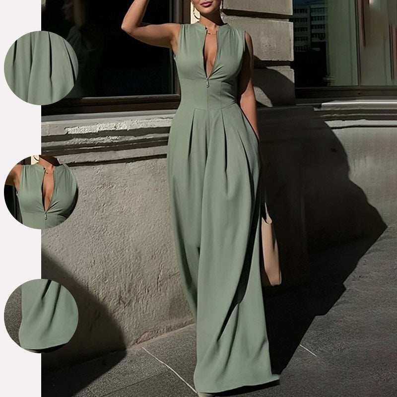 Sleeveless Front Zip Pleated Wide‑Leg Jumpsuit