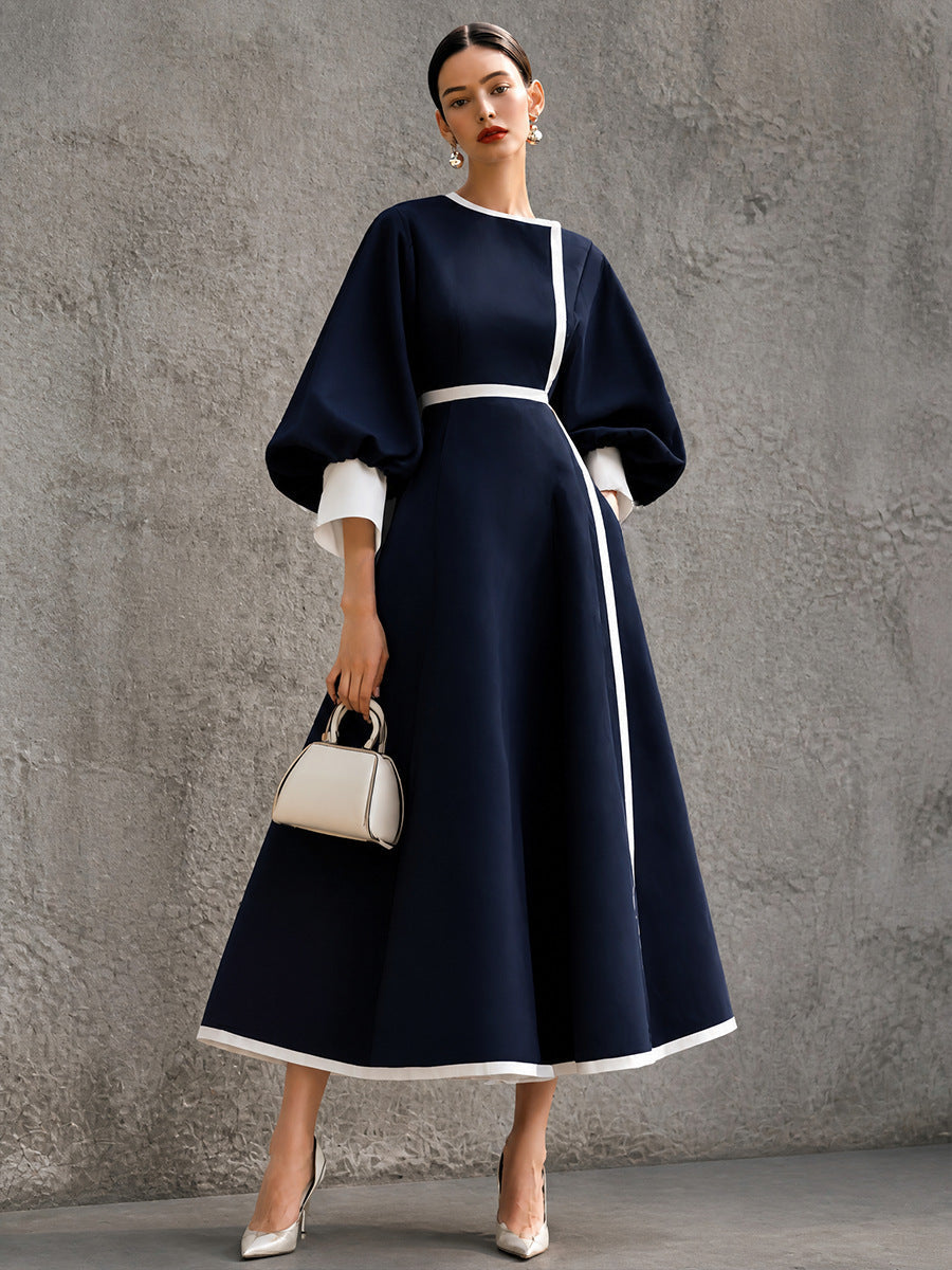 Women’s Solid Navy Contrast‑Trim Balloon‑Sleeve Belted Maxi Dress