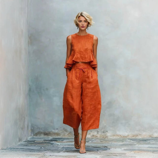 Linen Ruffle Crop Top Tie Waist Culotte Two Piece Set