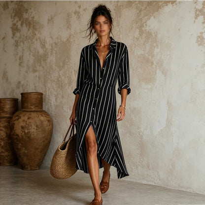 Vertical Stripe Linen Shirt Asymmetrical High Low Midi Dress