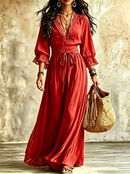 Women Boho V‑Neck Maxi Dress, 3/4 Flare Bell Sleeve Tie Waist A‑Line Flowy Long Dress Casual Vacation Beach Dress