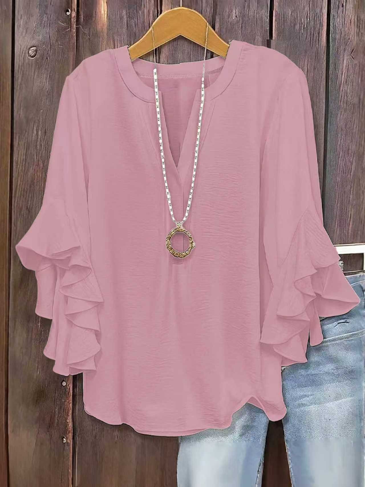 🍃 Plus Size Women's Floral V-Neck Blouse | Flowy Ruffled Sleeve Top for Arm & Tummy Flattering | Lightweight Casual Summer Shirt ☀️