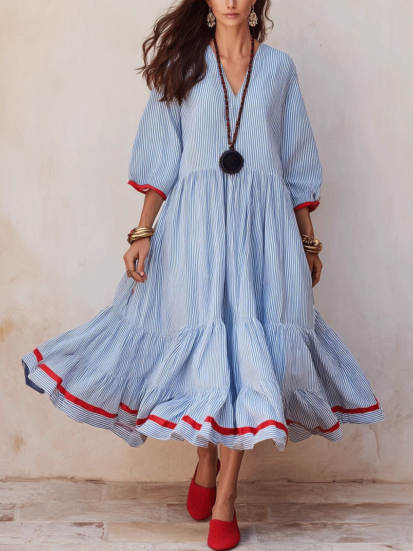 Stripe Red‑Trim Tiered Linen‑Blend Maxi Dress