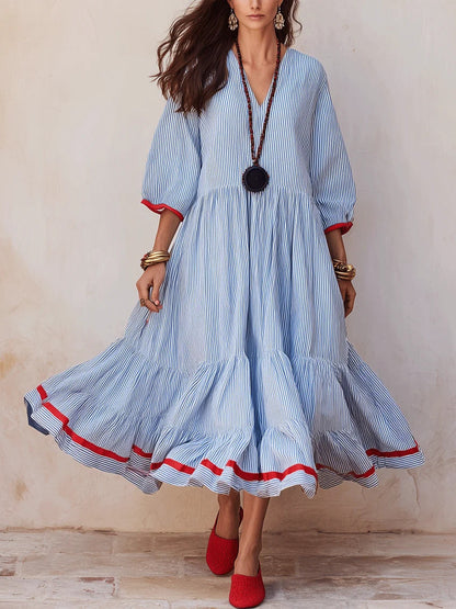 Stripe Red‑Trim Tiered Linen‑Blend Maxi Dress