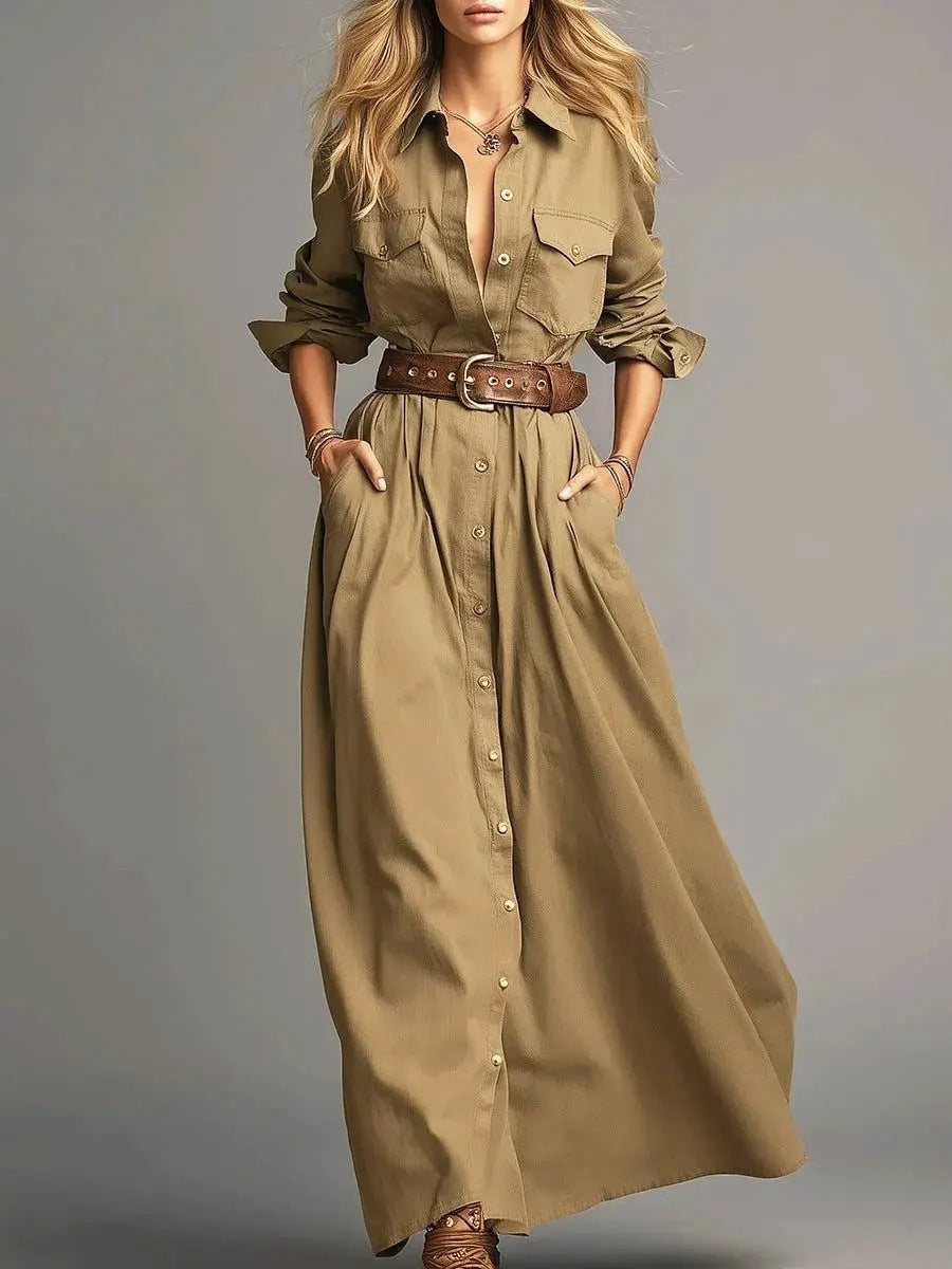 Lapel Collar Button Front Maxi Dress Women Long Sleeve A‑Line Casual Shirt Dress With Pockets