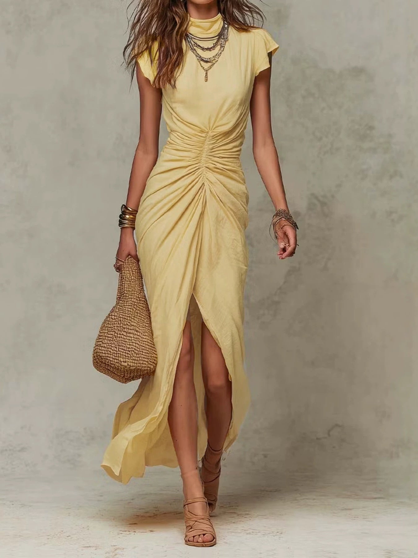 High‑Neck Cap Sleeve Ruched Front Slit Maxi Dress