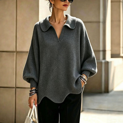 Peter Pan Collar V-Notch Oversized Rib Knit Sweater