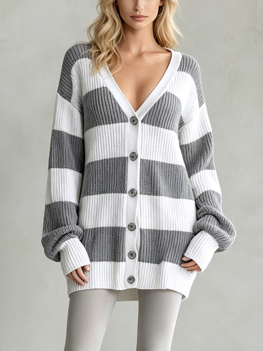 Oversized V-Neck Button-Front Chunky Knit Cardigan