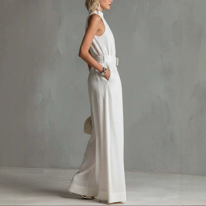 Women's White Linen-Blend Halter Wide-Leg Jumpsuit with Belt