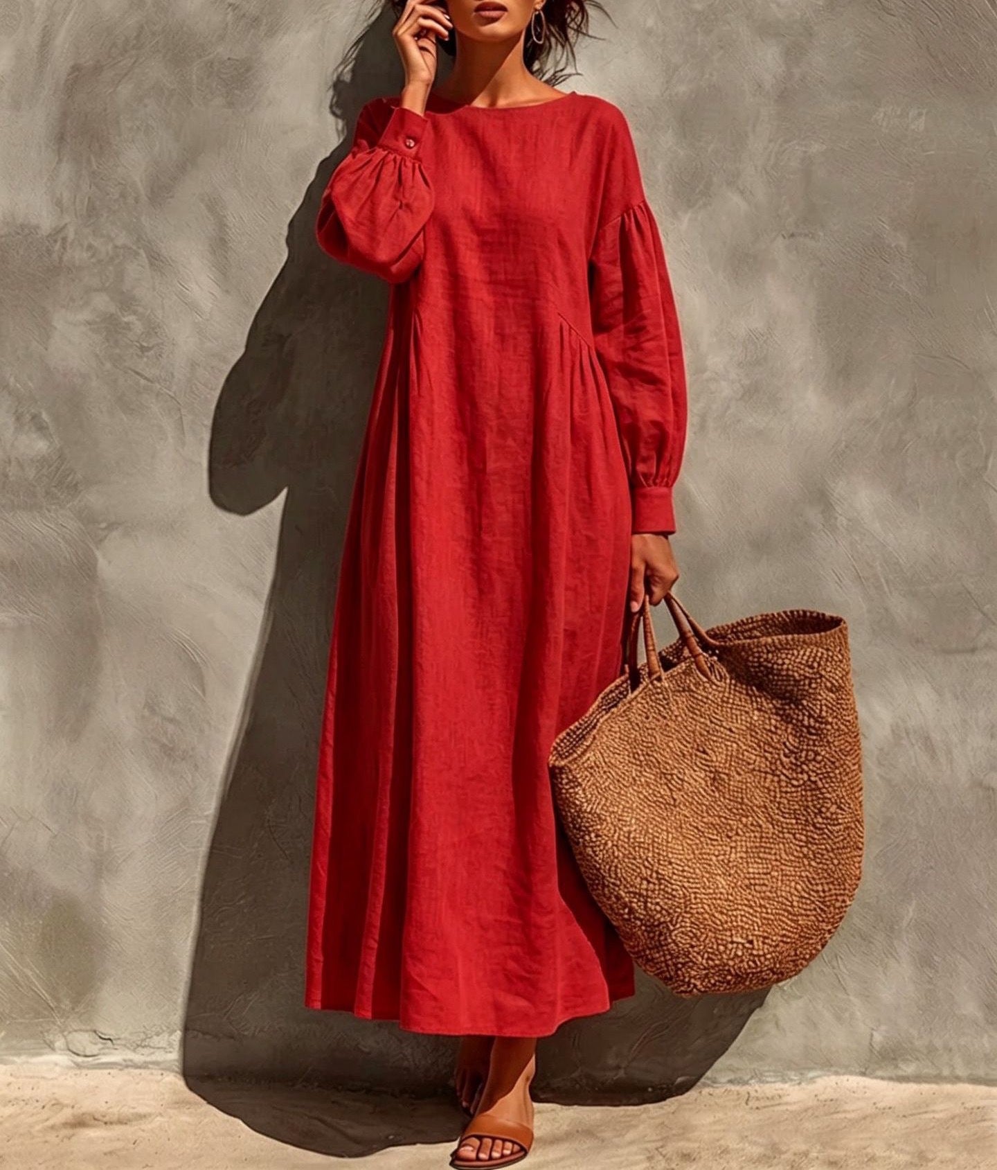 Linen Round Neck Balloon Sleeve Side Gather Midi Tent Dress