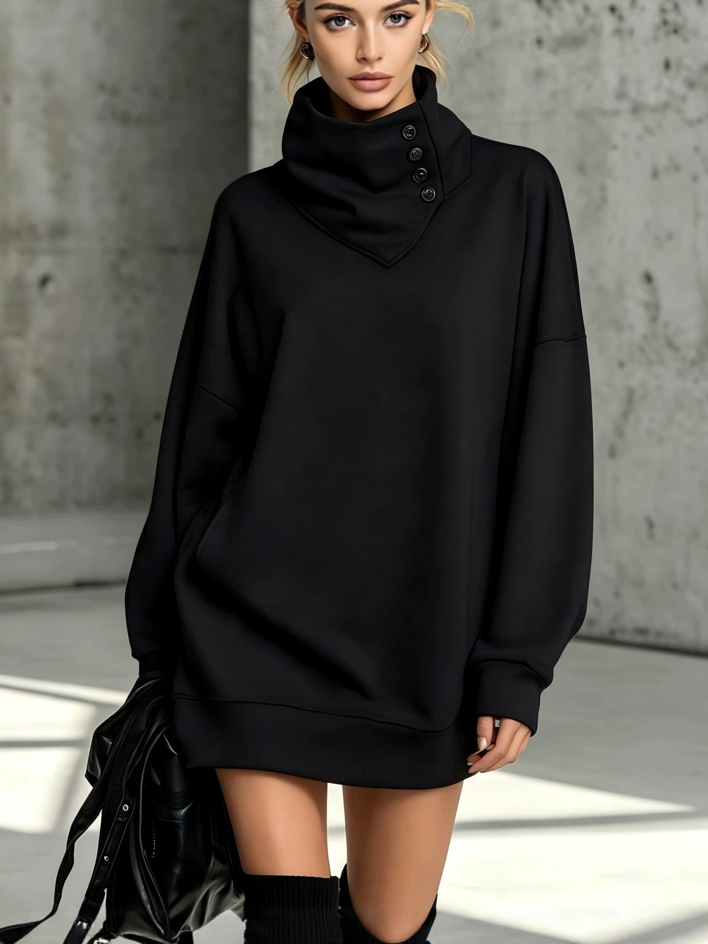 Women's Solid Pink Button-Detail Cowl Neck Long Sweatshirt Tunic Dress