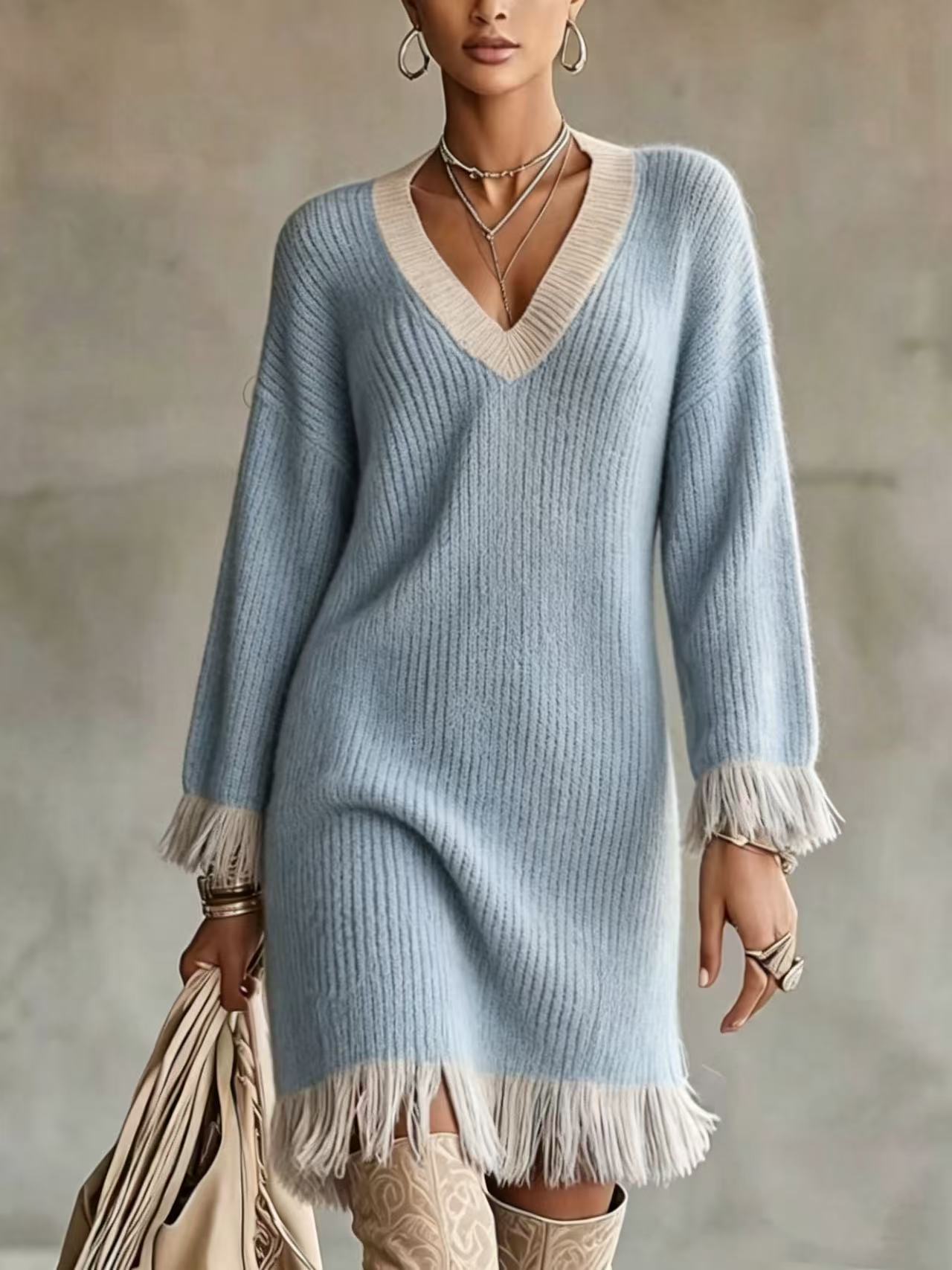 Women Color‑Block Knit Sweater Dress, V‑Neck Long Sleeve Fringe Trim Cuff & Hem Loose Fall Winter Mini Dress