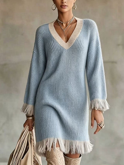 Women Color‑Block Knit Sweater Dress, V‑Neck Long Sleeve Fringe Trim Cuff & Hem Loose Fall Winter Mini Dress