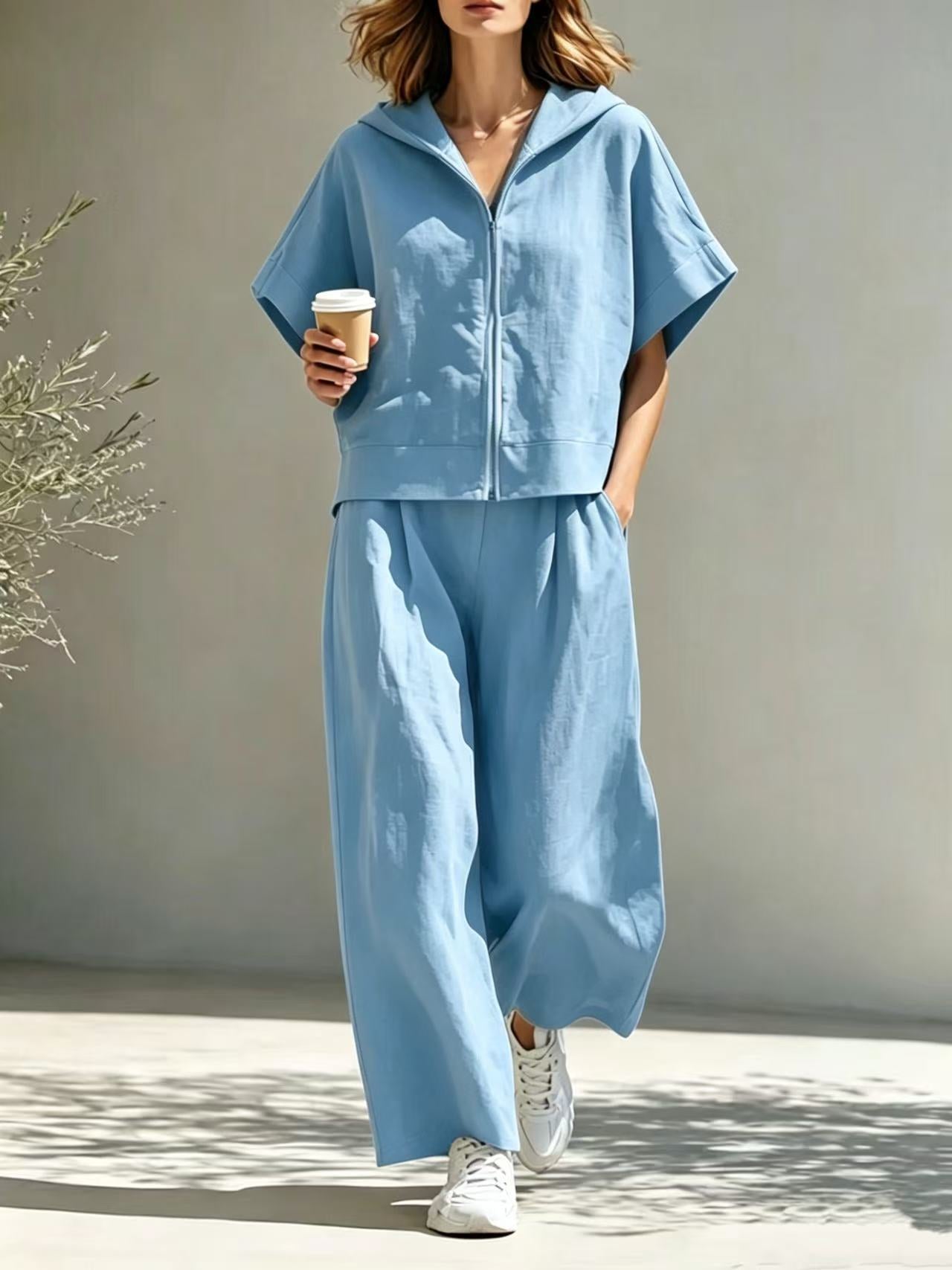 Hooded Zip Top & Wide-Leg Pants Set