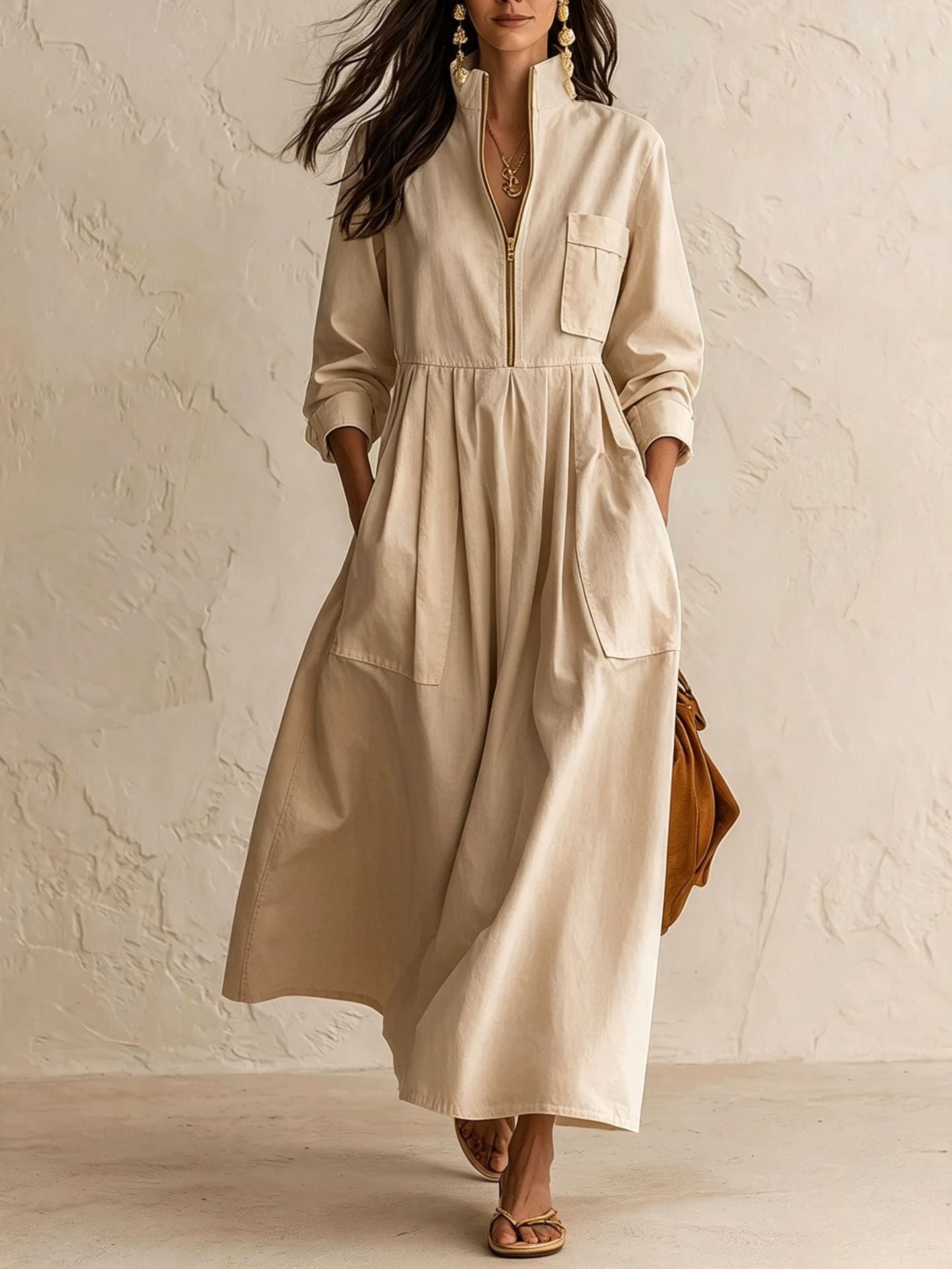 Half‑Zip Stand Collar Pocket Midi Maxi Dress