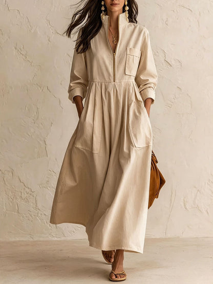 Half‑Zip Stand Collar Pocket Midi Maxi Dress