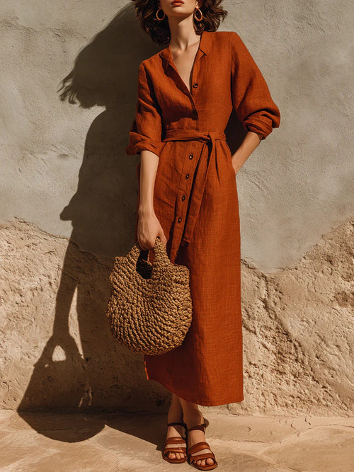 Linen‑Blend Belted Button‑Front Collared Midi Shirt Dress