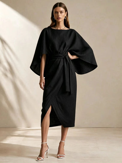 Cape Sleeve Belted Wrap Midi Dress