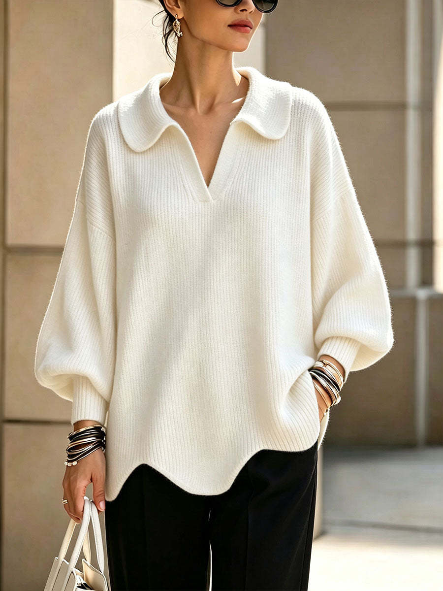 Peter Pan Collar V-Notch Oversized Rib Knit Sweater