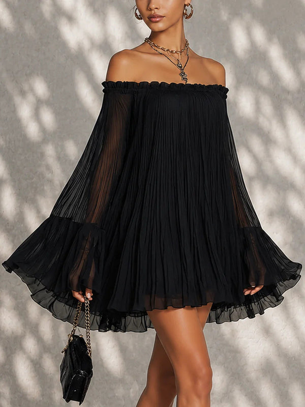 Off‑Shoulder Pleated Chiffon Bell‑Sleeve Mini Dress