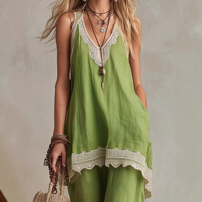 White Lace-Trim Tunic & Ruffle Pants Set