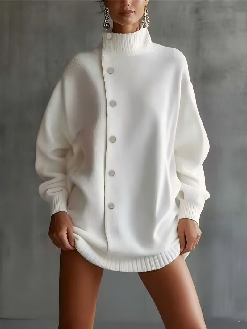 Oversized Asymmetric Button Turtleneck Knit Mini Dress