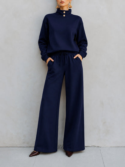 Mock‑Neck Button‑Detail Sweatshirt & Wide‑Leg Drawstring Pants Two‑Piece Set